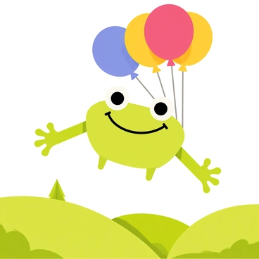 A happy frog with a bright green body and big round eyes is floating in the sky, held up by a cluster of colorful balloons. The balloons are red, blue, and yellow, creating a vibrant contrast against the blue sky. Below the frog, a lush green landscape stretches out, filled with rolling hills and patches of vibrant grass. In the distance, a few trees can be seen dotting the scenery, adding to the cheerful atmosphere of the image. The frog has a wide smile, enjoying its whimsical flight through the air.