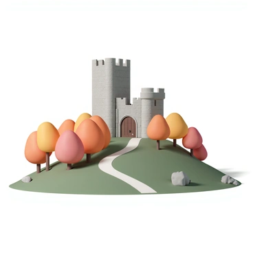 A detailed medieval castle with tall stone towers and a large wooden door. The castle is situated atop a hill, surrounded by vibrant autumn foliage in shades of red, orange, and yellow. The sky is clear, and the sunlight bathes the scene, highlighting the textures of the castle’s stones and the colorful leaves. There is a winding path leading up to the castle, and a few scattered boulders dot the hillside, adding to the natural beauty of the landscape.