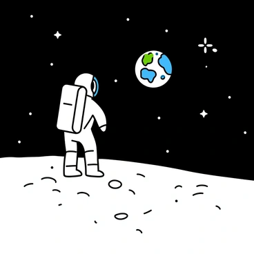 An astronaut wearing a space suit is standing on the surface of the moon. The astronaut is facing towards Earth, which is visible in the dark sky above. The moon's surface is rugged and covered with craters, while the astronaut's helmet reflects the blue and green colors of Earth. The scene captures the vastness of space, with stars twinkling in the background. The astronaut's posture suggests awe and contemplation as they gaze at the distant planet.