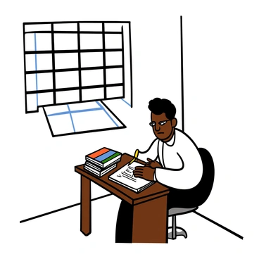 Malcolm X with light skin and short, dark hair is sitting at a small wooden desk in a prison cell, focused on writing in a notebook. The cell has a barred window letting in some light, casting shadows on the wall. He is wearing a simple white shirt with rolled-up sleeves. The desk is cluttered with a few books and papers. His expression is serious, reflecting deep thought as he writes. In the background, the cell walls are plain and bare, emphasizing the austere environment.