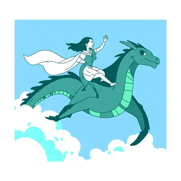 A teal dragon with shimmering scales soars gracefully through white fluffy clouds in a bright blue sky. On the dragon's back, a person is seated confidently, gripping the dragon's magnificent neck. The rider, wearing a flowing white cloak that billows in the wind, gazes ahead with excitement. Sunlight catches the dragon's wings as they glide smoothly, casting shadows on the clouds below. The dragon's eyes sparkle with a fierce yet friendly intelligence, as they navigate the vast expanse of sky together.