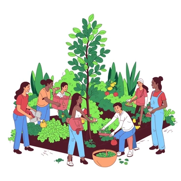 A vibrant community garden filled with various plants and flowers, showcasing rich greenery and colorful blooms. In the center, a single tall plant stands out, with broad leaves and numerous fruits hanging from its branches. Surrounding this plant, several community members of different ages and backgrounds are working together, smiling as they tend to the garden. Some are watering the plants, while others are gathering the harvest into baskets. The sunlight is shining brightly, casting soft shadows across the ground, highlighting the sense of teamwork and abundance in this shared space.
