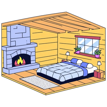A bedroom in a rustic cabin with wooden beams supporting the ceiling. The walls are made of warm-toned wood planks. In one corner, there is a stone fireplace with a cozy fire burning inside. A large bed with a plaid duvet cover is positioned against one wall, flanked by two wooden nightstands with simple lamps. A woven rug covers the wooden floor, and there are potted plants placed on the window sill, allowing soft natural light to filter into the room.