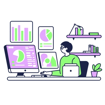 A data analyst is seated in an office surrounded by multiple monitors displaying complex graphs. The analyst has short hair and is wearing glasses. They are focused on one of the screens that features a bar graph with various colored bars and numerical data. Another monitor shows a pie chart with several segments and labels. The third monitor has a line graph with two intersecting lines. The office is equipped with a desk, a chair, and shelves lined with books and office supplies. A potted plant is visible on the desk, adding a touch of greenery to the workspace.