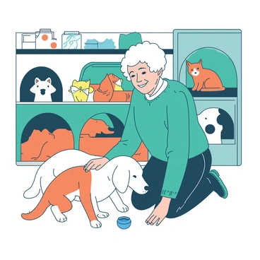 A teal senior citizen is smiling gently while kneeling on the floor of a local animal shelter. They are wearing a warm orange sweater and are surrounded by various pets, including a fluffy white dog and an orange tabby cat. The senior citizen is gently petting the dog, while the cat is playfully pawing at a small blue toy nearby. In the background, there are several colorful pet care supplies organized on shelves, and a few more animals can be seen in their cozy kennels.