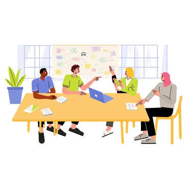 A group of four colleagues, two men and two women, are gathered around a large rectangular conference table made of polished wood. One of the men has short black hair and is wearing a blue shirt, while the other man has curly brown hair and is dressed in a green polo. One of the women has long straight blonde hair and wears a white blouse, and the other woman has shoulder-length red hair and is in a gray sweater. 

On the table, there are various colorful notepads, pens, and a laptop. The whiteboard in the background is filled with colorful markers, displaying several brainstorming ideas, diagrams, and arrows. The setting has large windows letting in natural light, and a potted plant is placed in the corner of the room. The colleagues are actively discussing, pointing at the whiteboard, and taking notes, conveying an atmosphere of collaboration and idea generation.