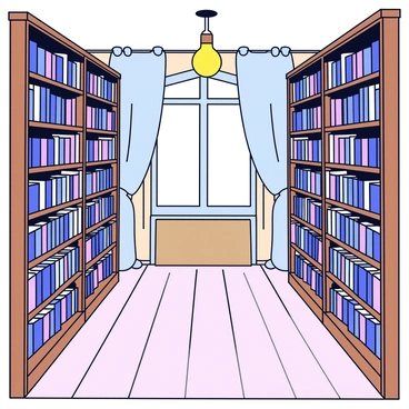 An abandoned library with tall, wooden shelves filled with dusty books, some stacked haphazardly and others leaning at odd angles. The room has an old wooden floor that shows signs of wear and age. A single flickering light bulb hangs from the ceiling, casting a dim glow over the room. The air is thick with dust, and a few cobwebs are visible in the corners. A large, ornate window is partially covered by tattered curtains, allowing faint light to filter through.