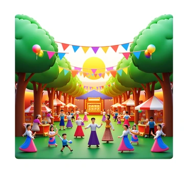 A vibrant festival scene displayed on a large illustration board. Colorful banners and decorations hang between trees, fluttering in the breeze. Groups of people in traditional costumes dance joyfully, their expressions filled with excitement. Food stalls are set up, showcasing a variety of dishes and treats, with steam rising from hot foods. Brightly colored lights illuminate the scene as the sun sets in the background, casting a warm glow over the festivities. Various musical instruments are played by performers on a small stage, and children run around with balloons in hand.