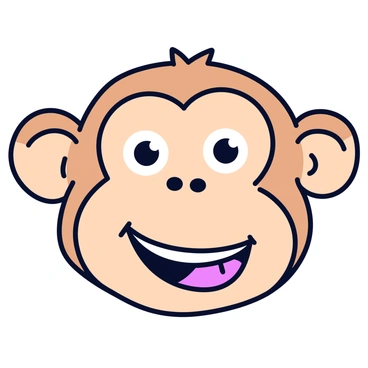 A cartoon illustration of a monkey's face with a round, light brown face. The monkey has large, exaggerated ears that stick out on each side. Its eyes are wide and bright, showcasing a playful expression. The monkey's mouth is open in a wide grin, with its pink tongue playfully sticking out. The facial features are exaggerated for comedic effect, emphasizing the playful nature of the monkey.