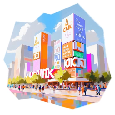 A vibrant cityscape filled with towering buildings constructed from giant three-dimensional words. These words are in various fonts and colors, creating a kaleidoscope effect across the skyline. Some buildings showcase phrases related to art, technology, and nature, while others display motivational words that inspire. The ground level is bustling with people walking, interacting with the word structures, and reflecting the dynamic life of the city. The sky is clear, allowing sunlight to illuminate the colorful letters, casting playful shadows on the ground below.