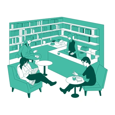 A teal small café is nestled inside a white bookstore, featuring wooden shelves filled with books. Several patrons are seated at small round tables, each engaged in sipping coffee and reading. A barista stands behind a white counter, preparing drinks with a warm smile. One patron is lounging on a teal armchair, immersed in a novel, while another is writing notes in a white notebook. The atmosphere is cozy, with warm lighting illuminating the books and creating a welcoming environment.