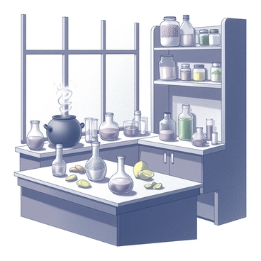 An alchemist's laboratory filled with various glassware. There are beakers, flasks, and vials arranged on a wooden workbench. The countertop is scattered with ingredients such as fresh ginger root, garlic cloves, and lemon slices. A large cauldron sits in the corner, with steam rising from it, indicating a brewing potion. Shelves lined with jars hold dried herbs and spices, adding to the cluttered yet organized feel of the space. A large window allows natural light to illuminate the scene, highlighting the intricate details of the glassware and the textures of the ingredients.