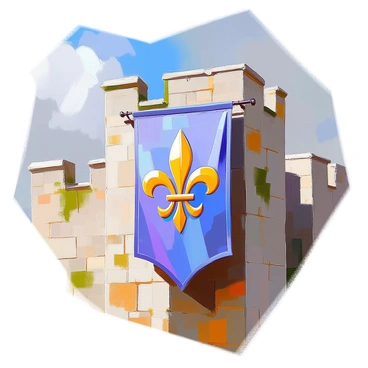 A medieval banner featuring a large, bold "fleur-de-lis" symbol in rich gold against a deep blue background is hanging from a weathered stone castle wall. The banner is made of thick fabric, with intricate stitching that outlines the symbol. The castle wall is covered in patches of moss and lichen, showcasing its age and history. Stone parapets rise above the wall, and the sky above is clear with soft clouds, allowing sunlight to illuminate the emblem on the banner. The scene captures the strong presence of the castle and the elegance of the banner fluttering gently in the breeze.