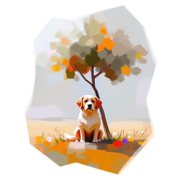 A sad dog sitting beneath a solitary tree in an open field