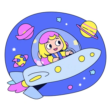 A playful cartoon character with big expressive eyes and a wide smile is piloting a sleek futuristic spaceship. The spaceship features a shiny metallic surface and glowing lights along its sides. The character has vibrant hair and wears a colorful pilot's outfit. The background showcases a colorful galaxy filled with swirling stars, planets in various shades, and sparkling cosmic dust. Soft, rounded shapes dominate the scene, emphasizing a cheerful atmosphere.
