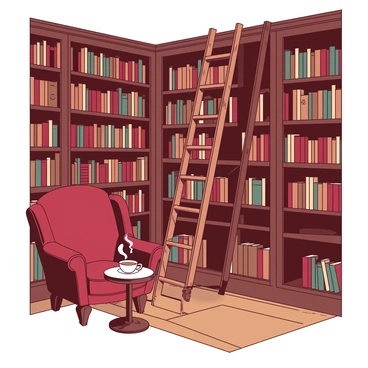 A vintage library with tall bookshelves and a rolling ladder
