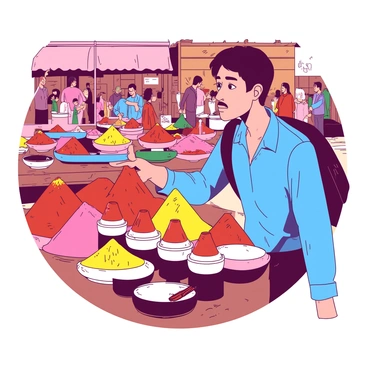A visitor with a curious expression is standing in a bustling Marrakech market. The visitor, wearing a bright blue shirt, is reaching out to touch an array of colorful spice jars displayed on a wooden table. Surrounding the visitor are vibrant stalls filled with spices in various shades, including piles of deep red paprika, bright yellow turmeric, and rich brown cinnamon. In the background, a group of local vendors is animatedly discussing their products while a few other visitors can be seen exploring the market. The atmosphere is lively, filled with the rich scents of spices and the sounds of bustling shoppers.