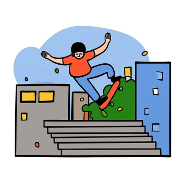 A skateboarder with light skin and short black hair is performing tricks on a set of city stairs. He is wearing a black helmet and protective gear, with a red t-shirt and blue jeans. The skateboarder is mid-air, executing a kickflip, while the skateboard is elevated beneath him. Surrounding him are urban buildings and a clear blue sky. The stairs have a concrete texture, and there are a few scattered leaves on the ground, adding detail to the scene.