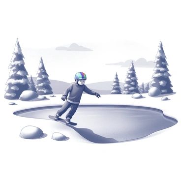 A skateboarder is positioned on a skateboard at the edge of a frozen pond. The skateboarder wears a colorful helmet and protective gear. The skateboard is tilted slightly as the skateboarder prepares to push off. Surrounding the pond, there are snow-covered trees and a few scattered rocks. The smooth, icy surface of the pond reflects the surrounding landscape. In the background, a clear sky can be seen, with hints of fluffy clouds. The scene captures a moment of anticipation as the skateboarder readies for the challenge ahead.