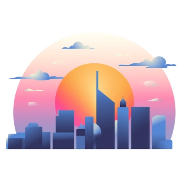A vibrant city skyline is prominently displayed in the foreground. The buildings vary in height and design, with some featuring sharp angles and others having rounded tops. They are all silhouetted against a colorful sunset sky that transitions from deep orange to soft pink and light purple hues. Wispy clouds scatter across the sky, reflecting the sunset colors. The scene depicts the last rays of sunlight illuminating the edges of the skyscrapers, creating a striking contrast between the dark buildings and the vibrant sky.