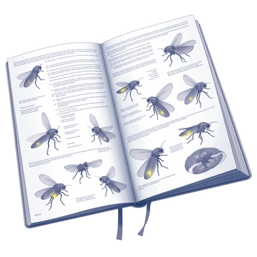 A page filled with handwritten notes and detailed observations by a scientist. The notes describe the behavior and habitat of fireflies, including specifics on their mating rituals and light patterns. Surrounding the text are various sketches of fireflies in different poses, showcasing their elongated bodies and distinct glowing abdomens. Some sketches illustrate the fireflies in flight, while others depict them resting on leaves or near water. The background appears slightly textured, resembling a weathered notebook page.