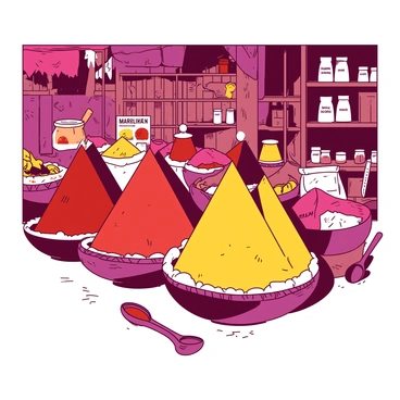A vibrant market stall in Marrakech features pyramids of various spices arranged in neat stacks. The spices are rich in color, creating a dynamic visual display. Each pyramid has distinct hues, with some being deep red and others bright yellow, showcasing the diversity of flavors available. The stall is surrounded by woven baskets filled with additional spice blends, and there are small wooden scoops resting beside each pyramid. The background includes rustic wooden shelves that hold jars and bags labeled with the names of the spices. The atmosphere is bustling with market activity, with glimpses of colorful fabrics draping from above.