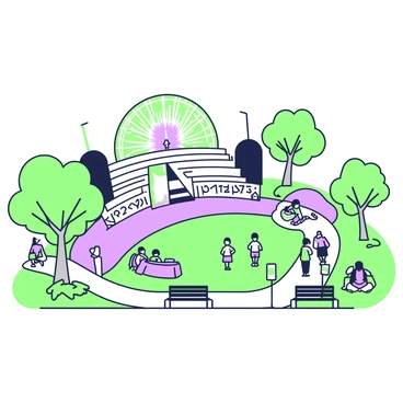 A public community space features a large concrete amphitheater designed for various events. The amphitheater is circular in shape, with tiered seating that rises from the center. Surrounding the amphitheater, there are green trees offering shade and a sense of nature. In front of the amphitheater, there is a grassy area where people can gather. Several benches are positioned around the space for visitors to sit and enjoy the scenery. A pathway winds through the area, leading to the entrance of the amphitheater, where banners and posters are displayed to advertise upcoming events. The atmosphere is vibrant, filled with people engaged in conversations and activities.