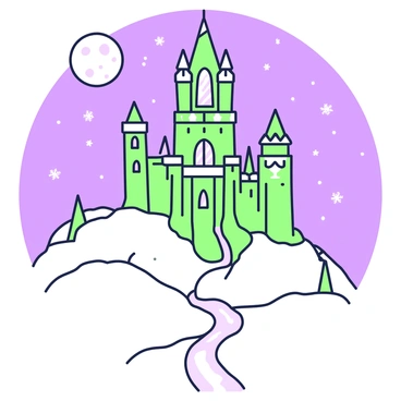 A grand ice castle perched on a hill, glistening in the moonlight