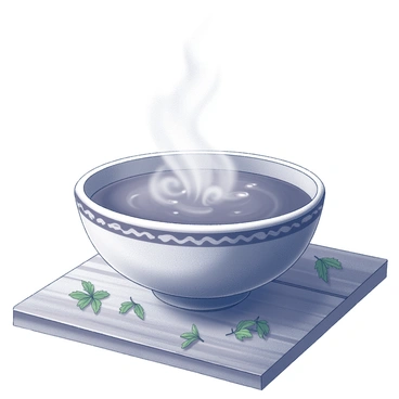 A bowl of steaming hot soup is placed on a rustic wooden table. The surface of the soup is slightly glossy, reflecting the steam that rises delicately into the air. The bowl is ceramic, with an intricate pattern around the rim, and it is filled to the brim with a rich, hearty broth. Surrounding the bowl are a few scattered herbs, enhancing the visual appeal of the dish. The wooden table has a weathered texture, with visible grains and knots adding to the rustic charm. The scene is warm and inviting, emphasizing the comforting nature of the hot soup.