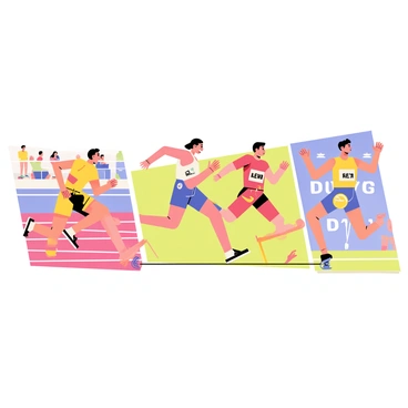 A dynamic collage depicting various moments from a relay race. The scene includes multiple runners in colorful athletic uniforms, each captured in different stages of their race. On one side, a runner is explosively starting from the starting block, muscles tense and focused. In the center, two athletes are shown in the midst of a baton exchange, with one athlete reaching out and the other preparing to pass the baton. On the opposite side, a runner is crossing the finish line, arms raised in triumph. The background features a blurred crowd cheering, adding to the sense of excitement and energy in the race.