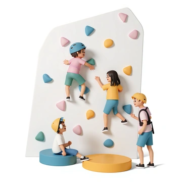 A group of three kids is engaged in indoor rock climbing, each wearing a colorful helmet and a safety harness. The first child, a boy with curly brown hair, is climbing the wall, reaching for a brightly colored hold with a determined expression. The second child, a girl with long straight black hair, is positioned halfway up the wall, smiling as she looks down at her friends. The third child, a boy with short blonde hair, is cheering them on from the ground, holding a rope in one hand. The climbing wall is designed with various shapes and colors, creating an exciting and challenging environment for the kids. Brightly colored mats are placed below for safety.