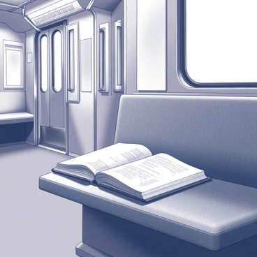 An open journal is resting on a seat in a subway car. The pages of the journal are slightly curled, revealing handwritten notes and sketches. The seat is upholstered, with a textured fabric pattern. The subway car is devoid of passengers, creating an expansive, open space. The interior of the car features metal handrails and overhead lights casting a soft glow. The walls are lined with advertisements, adding to the urban environment. The floor is made of a durable material, contrasting with the softness of the seat.