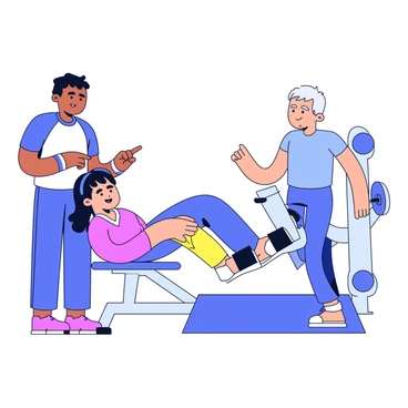 A personal trainer is showing the correct posture for leg extensions to an athlete. The trainer stands beside a gym machine specifically designed for leg extensions. The athlete is seated on the machine with their back straight and feet placed correctly under the padded bar. The trainer is pointing towards the athlete's legs, explaining the alignment and technique. The background features gym equipment such as weights and mats, emphasizing a workout environment.