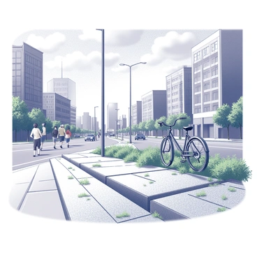 A bustling urban scene filled with high-rise buildings and busy streets. Sidewalks are cracked and uneven, with green plants and grass growing through the crevices, showcasing nature's resilience. People walk along the sidewalks, some pausing to admire the plants. In the background, parked bicycles lean against a lamppost, surrounded by small patches of greenery. The sky above is dotted with clouds, casting shadows over the urban landscape.