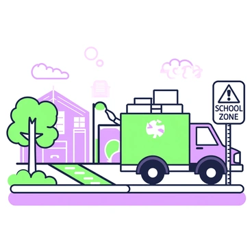 A delivery truck is positioned with its front end slightly tilted towards a sign in a school zone. The truck has a brightly colored logo on its side and an open cargo area filled with packages. The sign is prominently displayed, stating “School Zone” with caution symbols indicating reduced speed. Surrounding the scene are school buildings in the background, with a playground visible to the side. A crosswalk is marked on the road, and a few trees with green leaves are lined along the street, creating a safe environment for children.