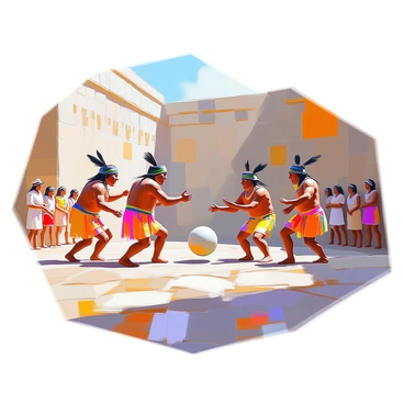 A group of Aztec players, wearing traditional outfits adorned with feathers and vibrant colors, is engaged in the ancient ball game tlachtli on a stone court. The court features tall stone walls, with decorative carvings that reflect the culture of the Aztecs. The players are actively passing a rubber ball between them, demonstrating agility and teamwork. Some spectators, dressed in period attire, are watching intently from the sidelines, adding to the atmosphere of competition and excitement. The sun casts dynamic shadows on the stone surface, emphasizing the intensity of the moment.