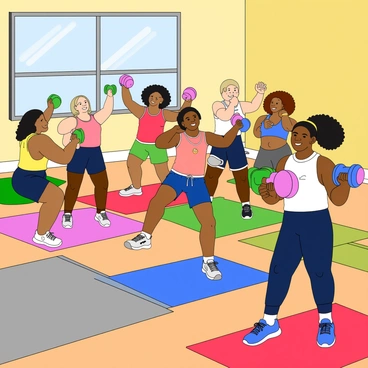 A vibrant fitness class filled with energetic participants of various backgrounds. Each person is lifting bright, colorful dumbbells in a synchronized manner. Some participants have light skin and are wearing colorful tank tops and athletic shorts, while others have darker skin and are dressed in matching workout outfits. The room is filled with enthusiasm, as some individuals are smiling and encouraging each other. A large mirror reflects their movements, and the floor is covered with exercise mats in a variety of shades. A fitness instructor with a whistle around their neck leads the class at the front, demonstrating the exercises.