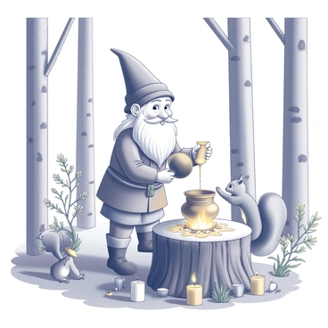 A vintage gnome with a long white beard is standing on a wooden stump in a rustic forest setting. He is wearing a pointed hat and a cozy tunic. The gnome is holding a brass pot over a small fire, pouring melted wax into a mold. Surrounding him are various candle molds and a collection of herbs and flowers. Tall trees provide a natural backdrop, and a few woodland creatures, such as a curious squirrel and a small bird, are observing the gnome's activity. The ground is covered in dry leaves and patches of grass, adding to the forest ambiance.