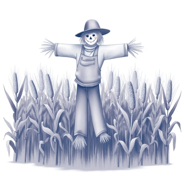 A scarecrow stands upright in the middle of a vast cornfield. The scarecrow is made of straw and old clothes, with a wide-brimmed hat perched atop its head. Around it, tall stalks of corn rise, their leaves rustling gently in the breeze. The cornfield is dotted with ripe ears ready for harvest, some hanging low and others standing tall. In the background, the sky is clear, providing a bright contrast to the golden corn. The scene captures the essence of autumn with the abundance of crops ready to be collected.
