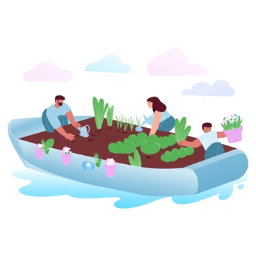A barge floats gently on a body of water, serving as a community garden filled with various plants and vegetables. People of different ages are actively engaged in tending to the garden. One person is kneeling and planting seeds in a small patch of soil, while another is watering a row of lush green plants with a watering can. A third person is picking ripe vegetables, placing them carefully in a basket. Colorful pots filled with flowers are arranged along the sides of the barge, adding vibrancy to the scene. The sky above is painted in soft pastel hues, lending a calm atmosphere to the community garden.