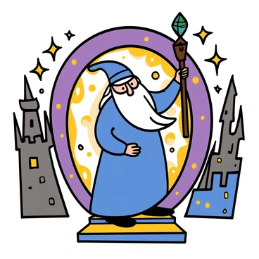 A wizard with long white hair and a long blue robe is stepping through a swirling magical portal. The portal is glowing with vibrant colors of purple and gold, and there are sparkling stars surrounding it. As he steps through, his long, white beard flows gently around him. The background shows hints of different eras, with futuristic cityscapes on one side and medieval castles on the other. The wizard looks determined, holding a wooden staff topped with a crystal in his right hand, ready to explore the new era that awaits him.