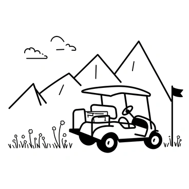 A golf cart is parked on a grassy area, facing a vast mountain range in the distance. The golf cart has a roof and two comfortable seats with a small cooler placed in the back. Tall grass and wildflowers surround the cart, swaying gently in the breeze. The mountains are jagged and towering, creating a striking silhouette against the sky. Clouds drift lazily above the peaks, adding texture to the scene. A flag pole stands nearby, displaying a small flag fluttering in the wind.
