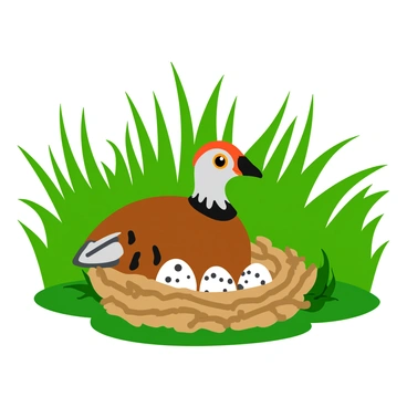 A guinea fowl with distinctive spots and a sleek body sits on a nest made of soft twigs and leaves. The nest contains several speckled eggs nestled carefully within. Surrounding the guinea fowl, tall grass sways gently, framing the scene with vibrant green blades. The grass creates a natural barrier, partially concealing the nest and providing a sense of protection. Bright sunlight filters through the grass, casting soft shadows on the ground.