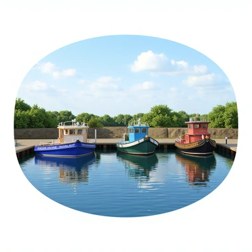 A peaceful harbor with boats docked, each named after virtues like 'Honesty'