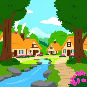 A peaceful village with quaint cottages made of timber and thatch, nestled in a grove of towering ancient trees. The cottages have smoke gently rising from their chimneys, indicating warmth inside. Sunlight filters through the lush green leaves, casting dappled shadows on the cobblestone pathways. Colorful flowerbeds bloom vibrantly in front of each home, adding splashes of color to the earthy tones of the village. A small stream runs through the village, reflecting the clear blue sky and surrounded by smooth river stones. Birds can be seen perched on branches, singing amidst the tranquil atmosphere.