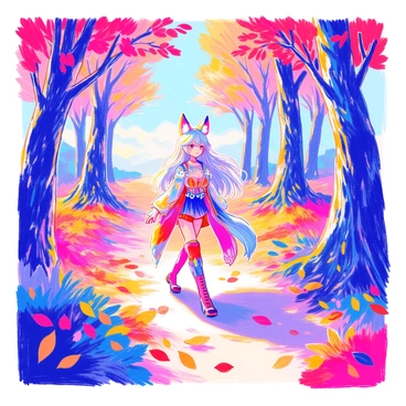 A character resembling "Ahri," who has fox-like features, is walking through a lush forest. She has long, flowing hair that shimmers with shades of blue and white. Her outfit is intricately designed with bright colors that reflect the autumn scenery. The ground is carpeted with "vibrant autumn leaves" in shades of red, orange, and yellow, creating a colorful pathway. In the background, trees with thick trunks display branches adorned with similarly colored leaves. Sunlight filters through the branches, casting dappled light onto the forest floor.