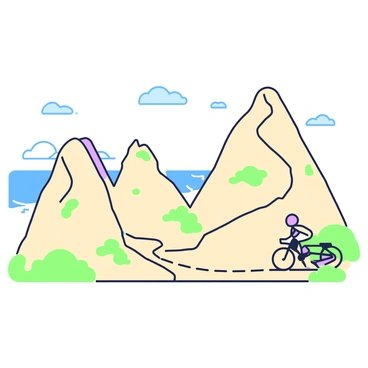 A bike trail winds through tall sand dunes that rise majestically. The dunes are textured and shaped by the wind, with gentle slopes and peaks. Scattered patches of green vegetation are interspersed among the sand, providing contrast to the landscape. In the background, the ocean glimmers under bright sunlight, its waves gently lapping at the shore. The trail is narrow, with faint tire tracks visible on the sandy surface, leading towards the edge of the dunes where it meets the vibrant blue water. The sky above is vast, with a few scattered clouds.