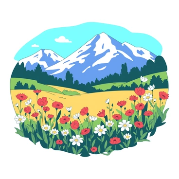 A vibrant meadow filled with a variety of wildflowers in different shapes and sizes, all swaying gently in the breeze. The flowers are a mixture of colors, with some blooming in a bright red hue and others showcasing a soft yellow. In the background, a majestic mountain range rises, its peaks capped with white snow, contrasting against the clear blue sky above. The scene is bathed in warm sunlight, creating a serene atmosphere as the wildflowers dance lightly in the wind.