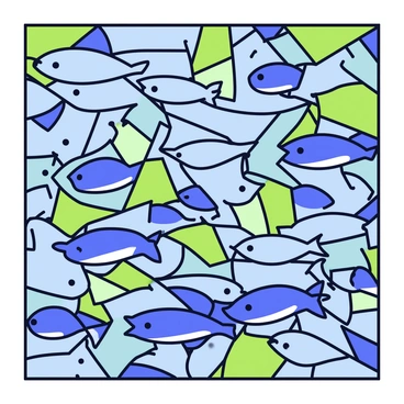 A vibrant mosaic art piece displaying a pattern of swimming anchovies in various shades of blue and silver. The anchovies are arranged in a dynamic flow, creating a sense of movement across the mosaic. Each fish is detailed with small scales and streamlined bodies, some facing upwards while others swim downwards. The background consists of a mix of colorful tiles in shades of green and turquoise, enhancing the aquatic theme of the artwork. Small gaps between the tiles allow for light to reflect, adding depth to the overall composition.