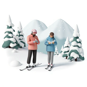 Two skiers, a man and a woman, are navigating through a snow-covered landscape characterized by steep slopes and rocky outcrops. The man is wearing a bright red ski jacket and black ski pants, while the woman is dressed in a blue ski jacket and gray ski pants. Both are equipped with helmets and goggles for safety. The man is checking a handheld device, possibly a GPS, while the woman looks intently at a map. Surrounding them are tall pine trees dusted with snow, and the distant peaks are shrouded in mist, hinting at the potential for avalanches. Snowflakes gently fall from the sky, adding a sense of movement to the scene.
